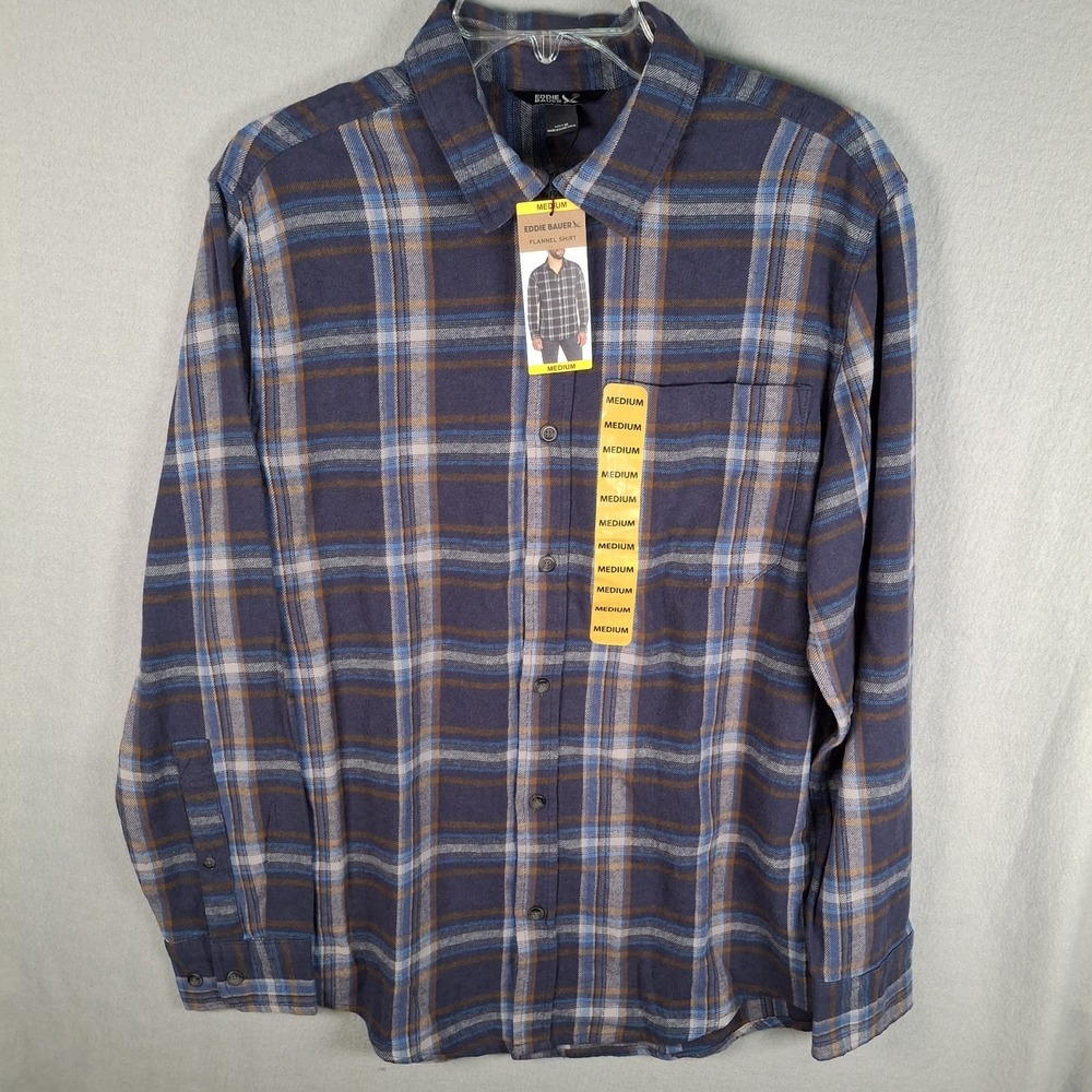 Eddie Bauer Shirt Mens Medium Insignia Blue Canyon Plaid Twill Flannel Button Up
